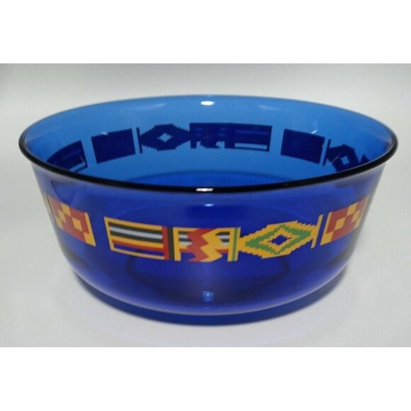 Arcoroc France Cobalt Blue Kente Flag Trim Serving Bowl Vintage Glass 8 3/4 inch - Picture 5 of 10